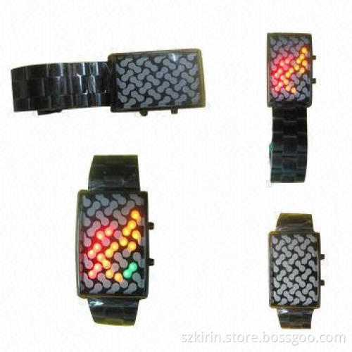 Binary Watch with Stainless Steel Case, IP Black Plating, Folded Band and Colorful LED